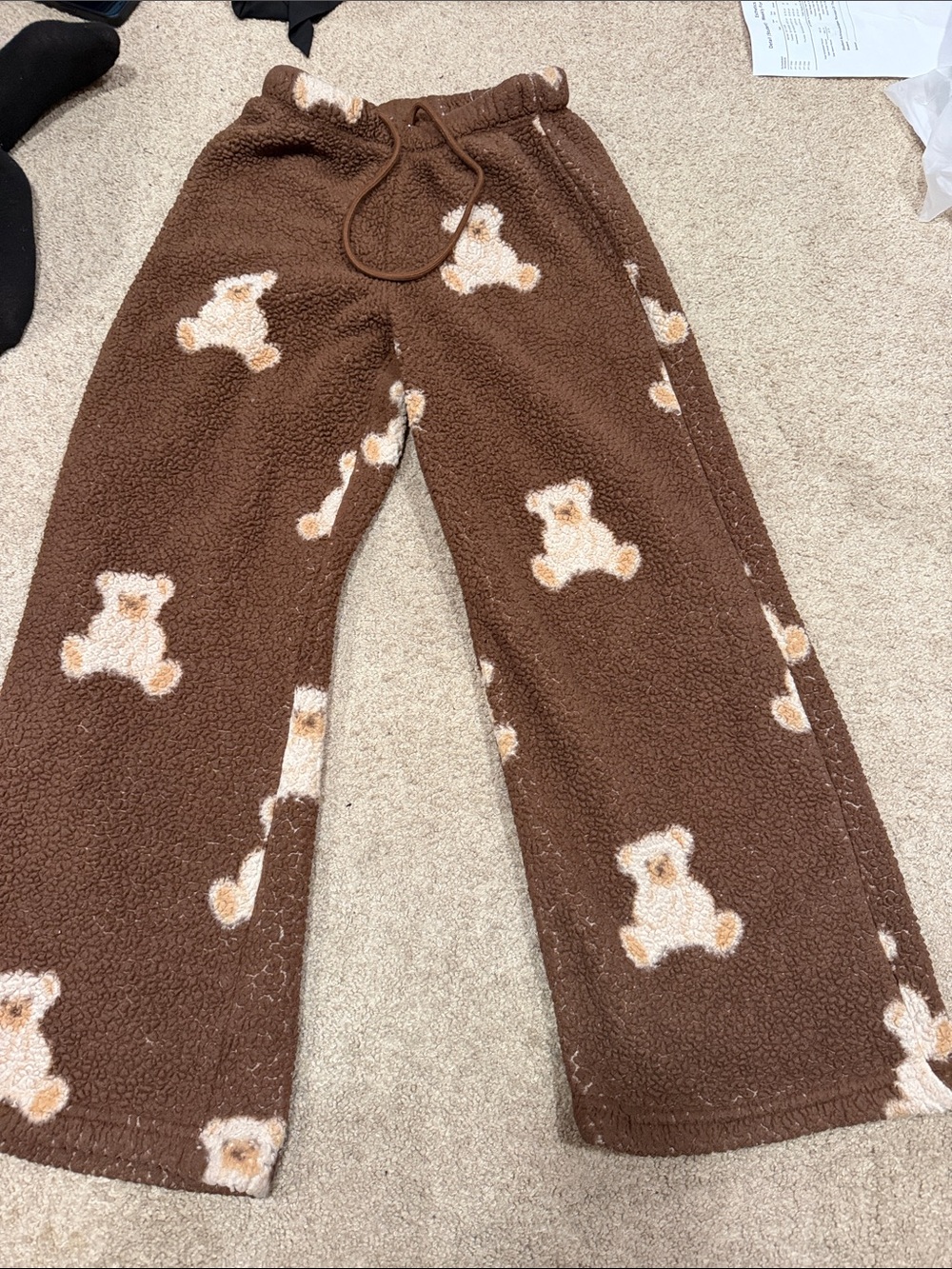 SHEIN Brown Teddy Fleece Pajama Bottoms with Cream Bear Print
